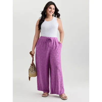 Bloomchic Women's Plus Size Drawstring Textured Wide-leg Pants Mauve Synthetic Texture Wide Leg High Rise Vaca In Purple