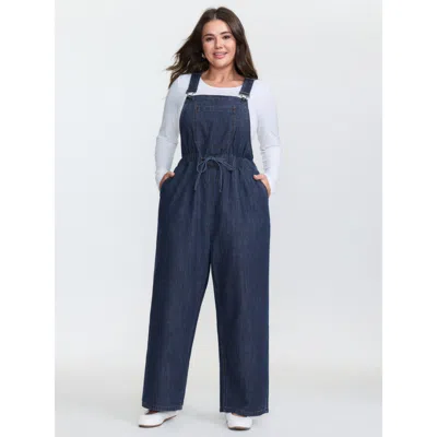 Bloomchic Women's Plus Size Drawstring Waist Adjustable Overall Jumpsuit Midblue Not Graphics Casual Non No St