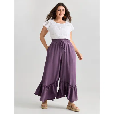 Bloomchic Women's Plus Size Drawstring Waist Ruffled Hem Pants Mauve Solid Flared High Rise Vacation 10/m In Purple