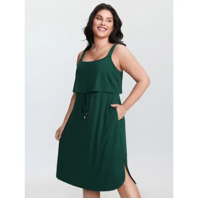 Bloomchic Women's Plus Size Drawstring Waist Side Slit Cami Mini Dress Darkgreen Solid Tunic Casual 10/m In Green