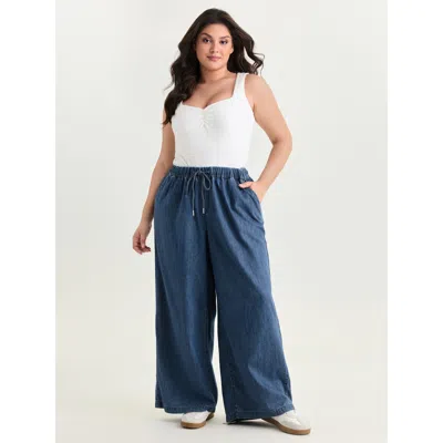 Bloomchic Women's Plus Size Drawstring Waist Wide-leg Pocket Jeans Midblue Wide Leg No Stretch 10/m