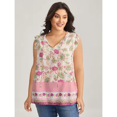 Bloomchic Women's Plus Size Dreamy Floral Neck Tie Tank Top Peach Casual H-line 10/m In Orange