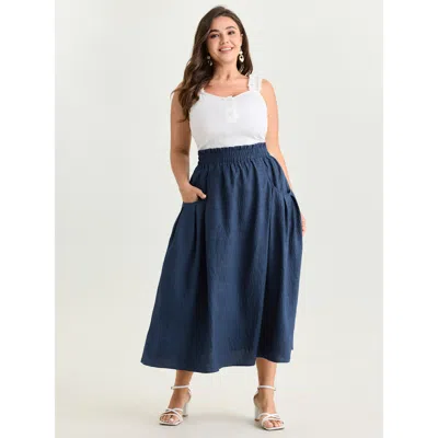 Bloomchic Women's Plus Size Drop Pockets Pleated Maxi Skirt Darkblue Non Slight Flare Elegant 10/m In Blue