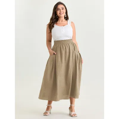 Bloomchic Women's Plus Size Drop Pockets Pleated Maxi Skirt Lightbrown Non Slight Flare Elegant 10/m In Brown