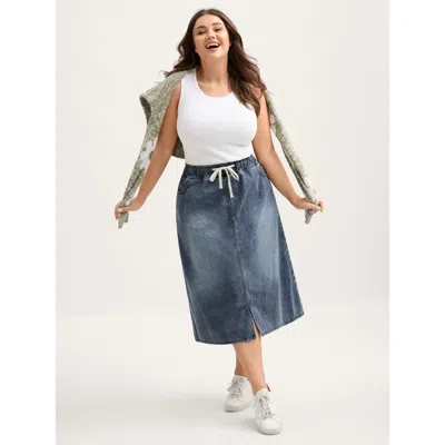 Bloomchic Women's Plus Size Elastic Band A-line Denim Skirt Denimlightblue Elastic Waist Casual Medium Stretch