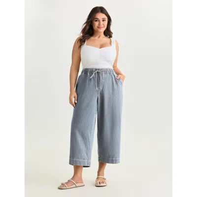 Bloomchic Women's Plus Size Elastic Drawstring Waistband Wide-leg Jeans Lightbluevintage Wide Leg 10/m