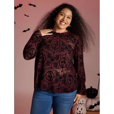 Bloomchic Women's Plus Size Elastic Flocked Mesh Blouse Scarlet Long Sleeve Elegant 10/m In Red