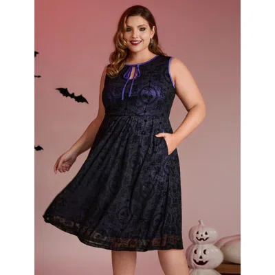 Bloomchic Women's Plus Size Elastic Flocked Mesh Contrast Lined Midi Dress Deeppurple Synthetic Texture Midi E