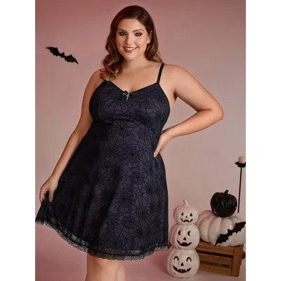 Bloomchic Women's Plus Size Elastic Flocked Mesh Spiderweb Print Nightgown Deeppurple Sleeveless Short 12/l