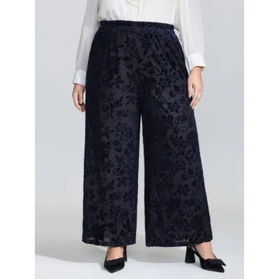 Bloomchic Women's Plus Size Elastic Flocked Stretchy Waist Sheer Pants Indigo Synthetic Texture A-line Mid Ris In Purple