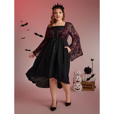 Bloomchic Women's Plus Size Elastic Mesh Corset-like Ties Midi Dress Burgundy Synthetic Texture Midi Elegant G