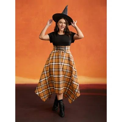 Bloomchic Women's Plus Size Elastic Plaid Asymmetrical Hem Dress Brightorange Casual Midi Lace-up Round Neck 1