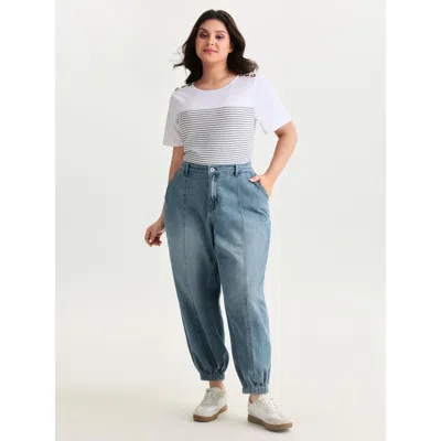 Bloomchic Women's Plus Size Elastic Waist Cuffed Medium Wash Jeans Midblue Non 10/m
