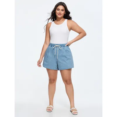 Bloomchic Women's Plus Size Elastic Waist Drawstring Straight-leg Denim Shorts Denimlightblue Lace-up High Ris