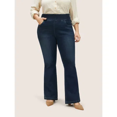 Bloomchic Women's Plus Size Elastic Waist Flare Leg Dark Wash Jeans Indigo Plain Non High Stretch 10/m In Purple