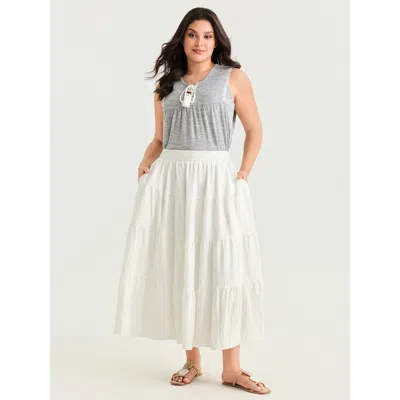 Bloomchic Women's Plus Size Elastic Waist Flowy Ruffle Layered Maxi Skirt Originalwhite Tiered Non Casual 10/m