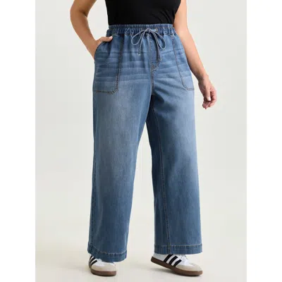 Bloomchic Women's Plus Size Elastic Waist Medium Wash Wide-leg Jeans Midblue Wide Leg 10/m