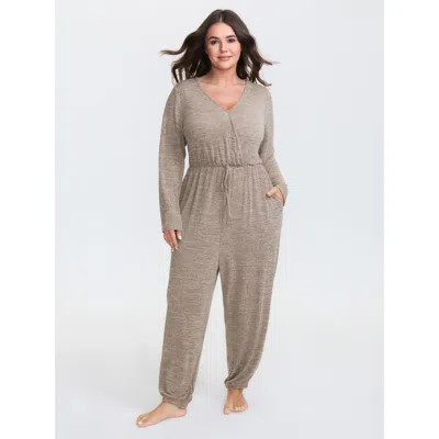 Bloomchic Women's Plus Size Elastic Waist Overlap Collar Lounge Jumpsuit Darkbrown Not Graphics 10/m In Brown