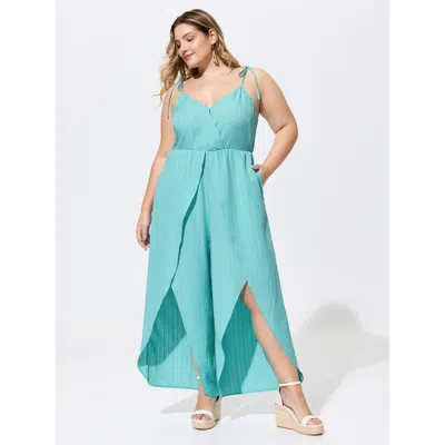 Bloomchic Women's Plus Size Elastic Waist Petal Split Hem Jumpsuit Arctic Vacation 14-16/1x In White