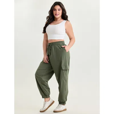Bloomchic Women's Plus Size Elastic Waist Pocket Cargo Sweatpants Armygreen Solid Jogger Mid Rise Casual 10/m