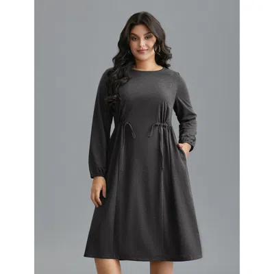 Bloomchic Women's Plus Size Elastic Waist Tie Round Neck Knit Midi Dress Darkgray Everyday Midi Drawstring 22- In Gray