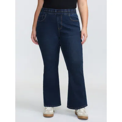 Bloomchic Women's Plus Size Elastic Waistband Flare Hem Jeans Darkindigo Button Slight Flare High Stretch 12/l In Purple