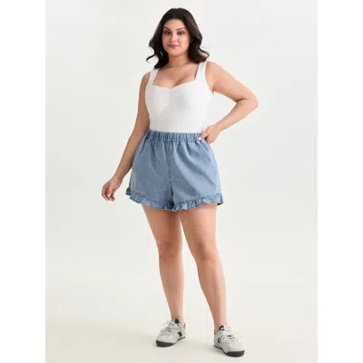 Bloomchic Women's Plus Size Elastic Waistband Straight-leg Denim Shorts Denimlightblue Non High Rise Casual 30
