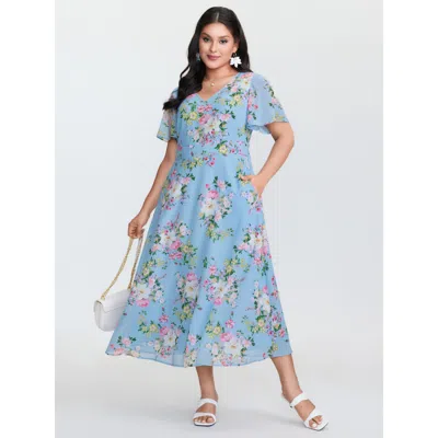 Bloomchic Women's Plus Size Elegant Floral Print Flowy Maxi Dress Lightblue Ditsy Floral Maxi Elegant Gathered In Blue