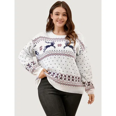 Bloomchic Women's Plus Size Elk & Snowflake Pointelle Knit Round Neck Knit Top Multicolor Bohemian Print Long 