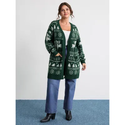 Bloomchic Women's Plus Size Elk Christmas Print Jacquard Open-front Knit Cardigan Darkslategray Long Sleeve 22