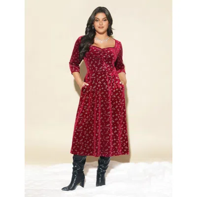 Bloomchic Women's Plus Size Embossed Velvet Sweetheart Neckline Midi Dress Burgundy Christmas Midi Party Ruche
