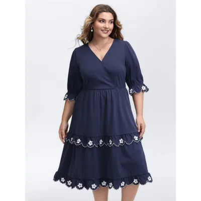 Bloomchic Women's Plus Size Embroidered Color Contrast Lace Midi Dress Indigo Non Midi Elegant Overlapping 12/ In Purple
