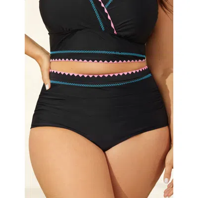 Bloomchic Women's Plus Size Embroidered Color Contrast Swim Bottoms Black Non Short Gathered Fully Elasticated