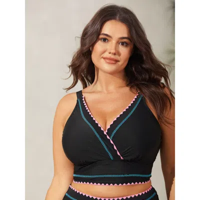 Bloomchic Women's Plus Size Embroidered Color Contrast Swim Top Black Solid Sleeveless Embroidered Adaptive-fi