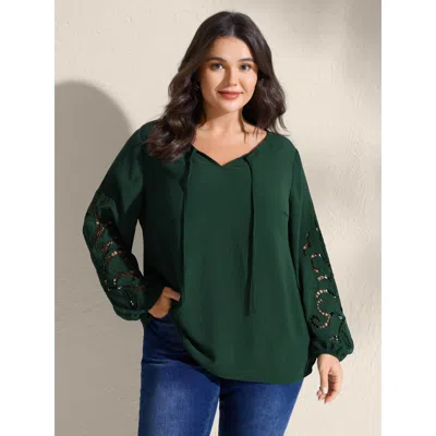 Bloomchic Women's Plus Size Embroidered Cut-out Sleeve Solid Blouse Darkgreen Solid Vacation Long Sleeve V-nec In Green