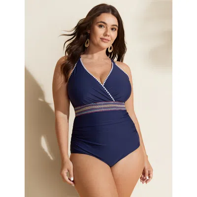 Bloomchic Women's Plus Size Embroidered Edges Ruched One-piece Swimsuit Indigo Tummy Control 10/m In Purple