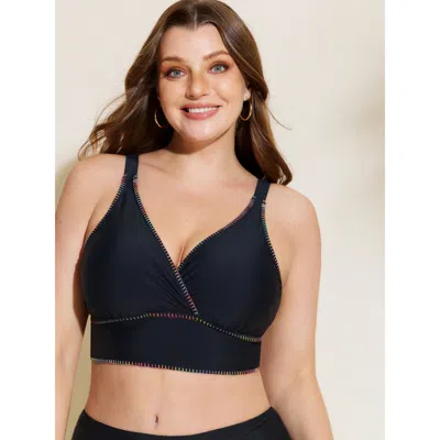 Bloomchic Women's Plus Size Embroidered Edges Surplice Neckline Bikini Top Black Solid Embroidered Adjustable 