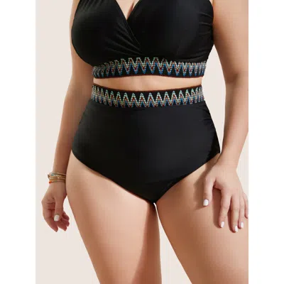 Bloomchic Women's Plus Size Embroidered Elastic Waist High Rise Swim Bottom Black Solid Booty Ruched Elastic W