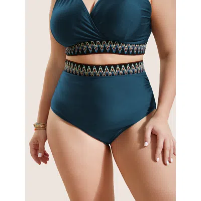 Bloomchic Women's Plus Size Embroidered Elastic Waist High Rise Swim Bottom Cyan Solid Booty Ruched Elastic Wa In Blue