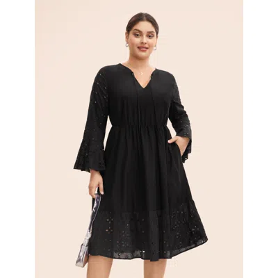 Bloomchic Women's Plus Size Embroidered Flare Cuffs Midi Dress Black Non Midi Vacation Woven Ribbon&lace Trim 