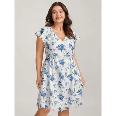 Bloomchic Women's Plus Size Embroidered Floral Flutter Sleeve Midi Dress Lightblue Floral Short Elegant 30/6x In Blue