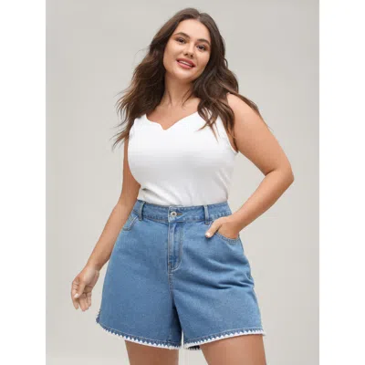 Bloomchic Women's Plus Size Embroidered Hem High Rise Straight-leg Denim Shorts Midblue Embroidered High Rise 