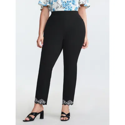 Bloomchic Women's Plus Size Embroidered Hem Pull-on Pants Black Synthetic Texture Straight Fit High Rise Elega