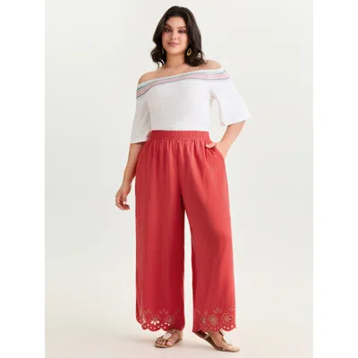 Bloomchic Women's Plus Size Embroidered Hem Straight Leg Pants Raspberry Solid Wide Leg Mid Rise Vacation 10/m In Pink