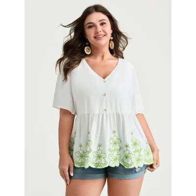 Bloomchic Women's Plus Size Embroidered Hemline V-neck Babydoll Blouse Originalwhite Synthetic Texture Vacatio