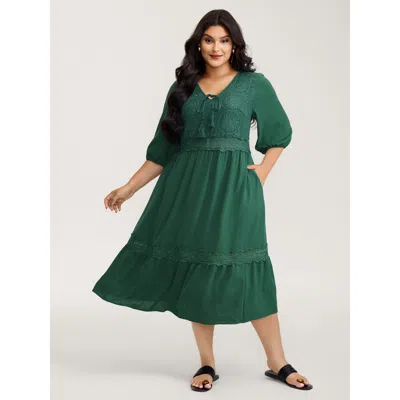 Bloomchic Women's Plus Size Embroidered Lace Trim Neck Drawstring Midi Dress Darkgreen Synthetic Texture Midi  In Green