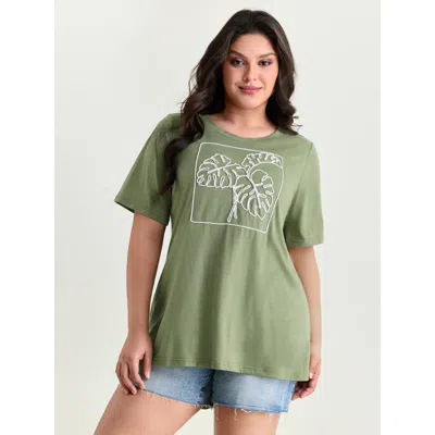 Bloomchic Women's Plus Size Embroidered Leaf Pattern Plain T-shirt Greenbean Solid Casual Short Sleeve Round N
