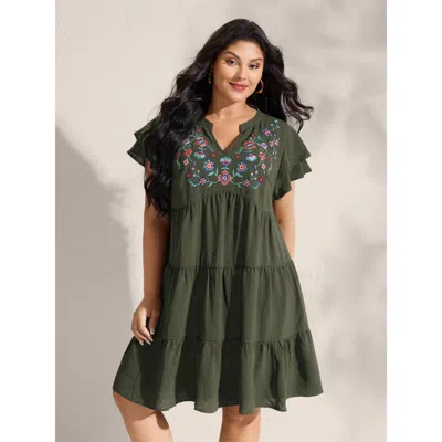 Bloomchic Women's Plus Size Embroidered Neckline A-line Ruffled Knee-length Dress Armygreen Botanical Mini Vac