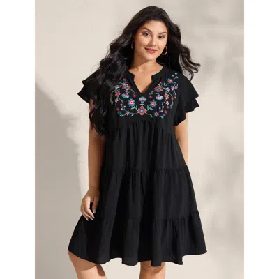 Bloomchic Women's Plus Size Embroidered Neckline A-line Ruffled Knee-length Dress Black Botanical Mini Vacatio