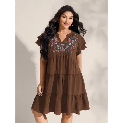 Bloomchic Women's Plus Size Embroidered Neckline A-line Ruffled Knee-length Dress Browncoffeecolor Botanical M